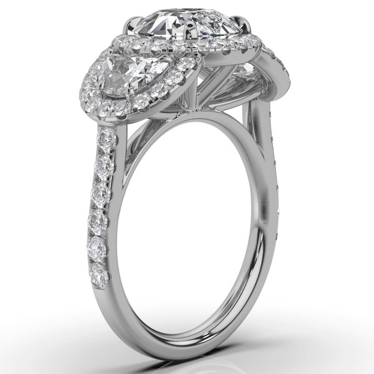 14K White Gold Christy Three Stone Halo Half Moon Lab Grown Diamond Ring (1 4/5 ct. tw)
