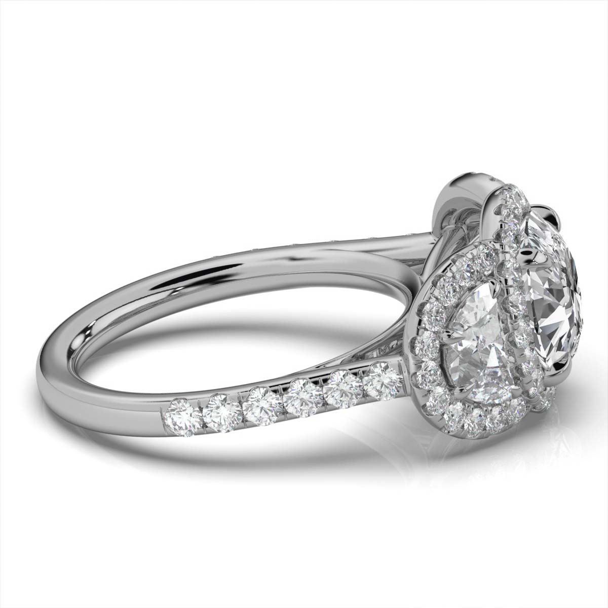 14K White Gold Christy Three Stone Halo Half Moon Lab Grown Diamond Ring (1 4/5 ct. tw)