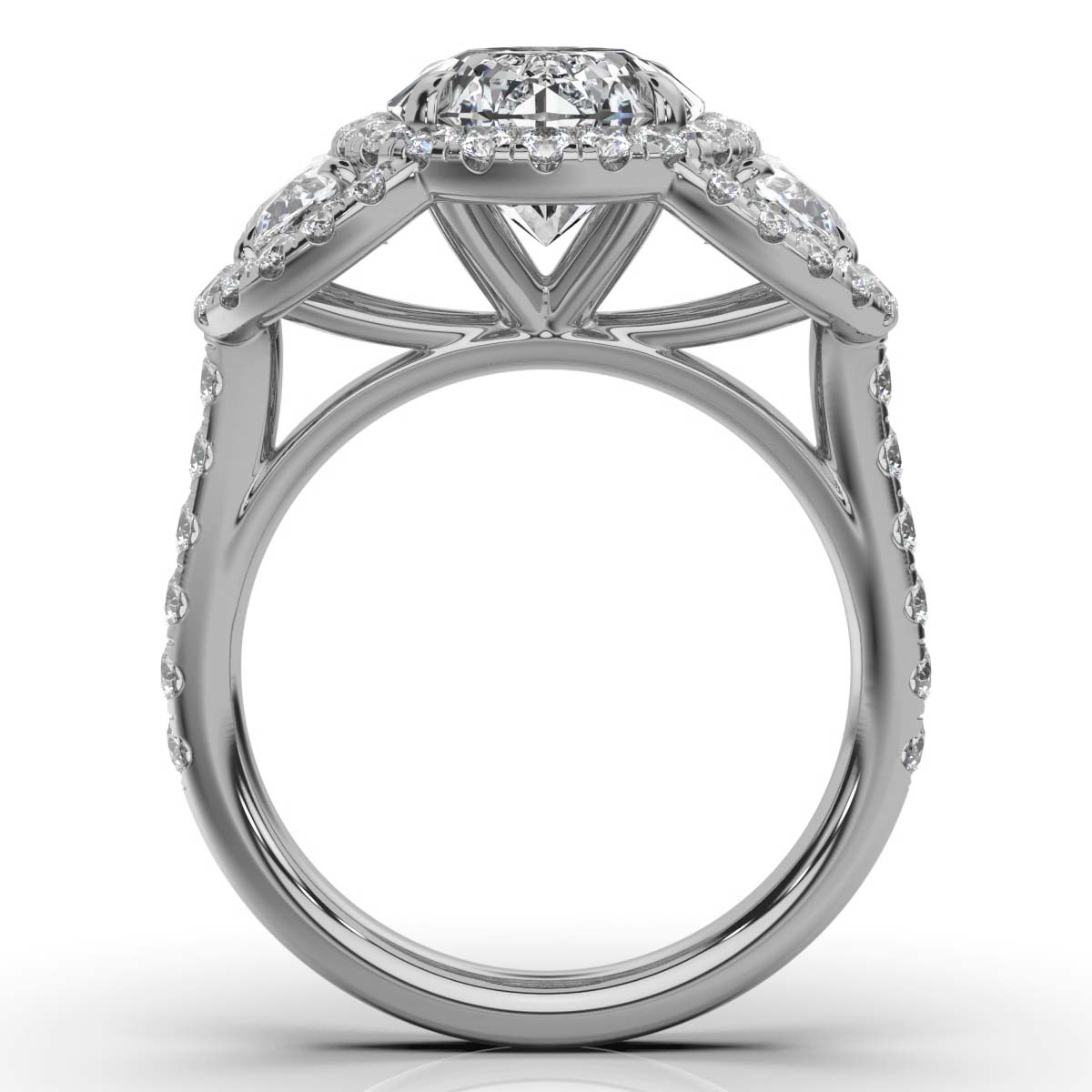14K White Gold Christy Three Stone Halo Half Moon Lab Grown Diamond Ring (1 4/5 ct. tw)