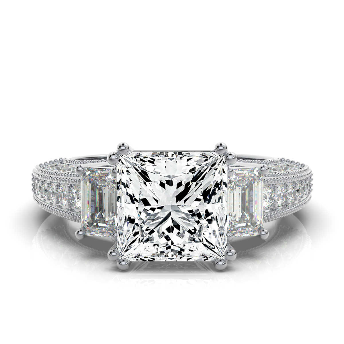 14K White Gold Cressida Milgrain Three Stone Emerald Lab Grown Diamond Ring (1 1/5 ct. tw)