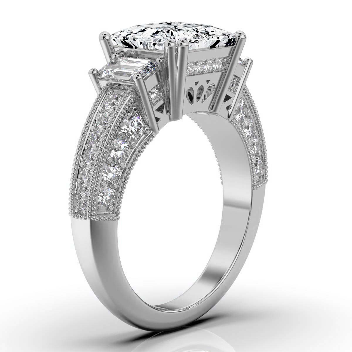 14K White Gold Cressida Milgrain Three Stone Emerald Lab Grown Diamond Ring (1 1/5 ct. tw)