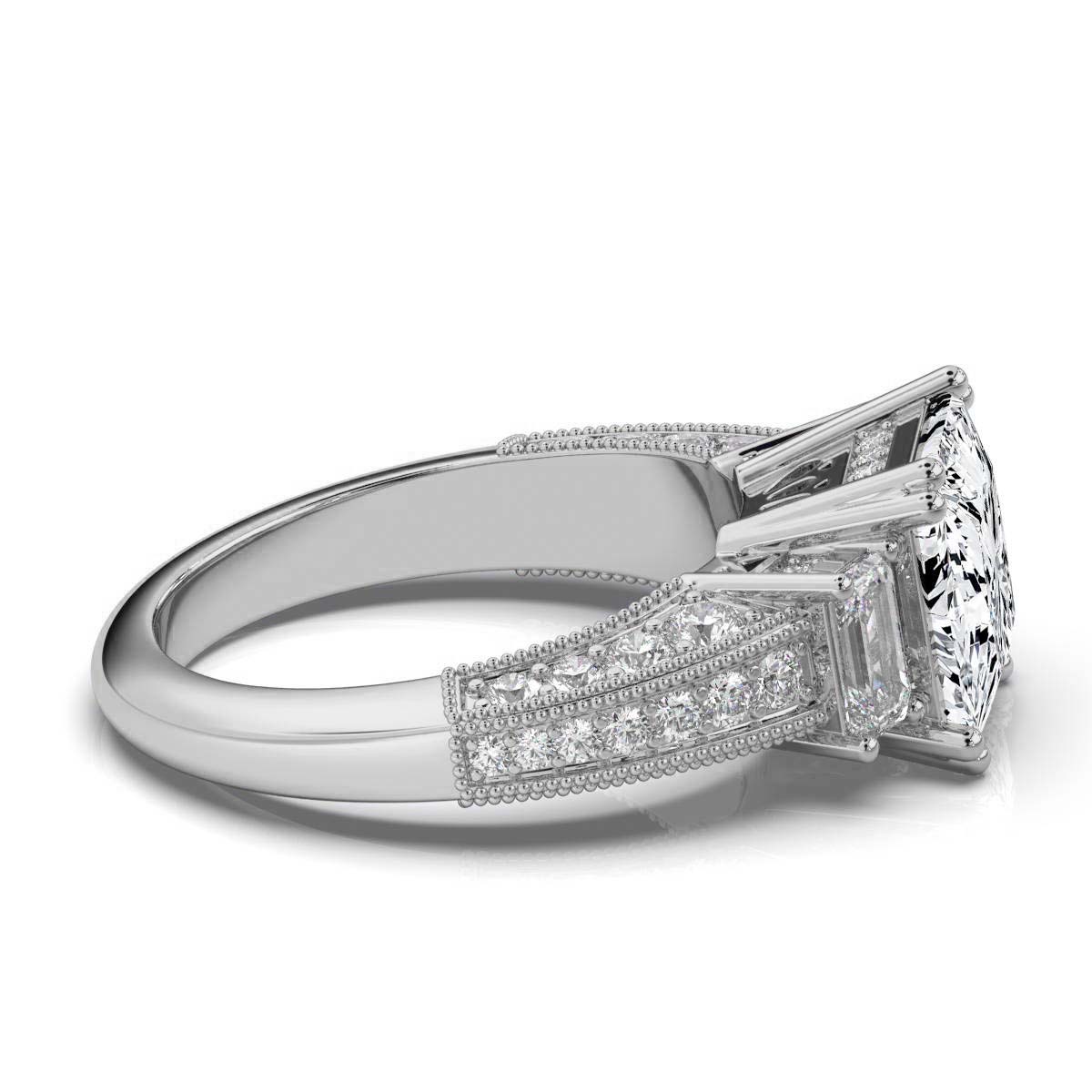 14K White Gold Cressida Milgrain Three Stone Emerald Lab Grown Diamond Ring (1 1/5 ct. tw)