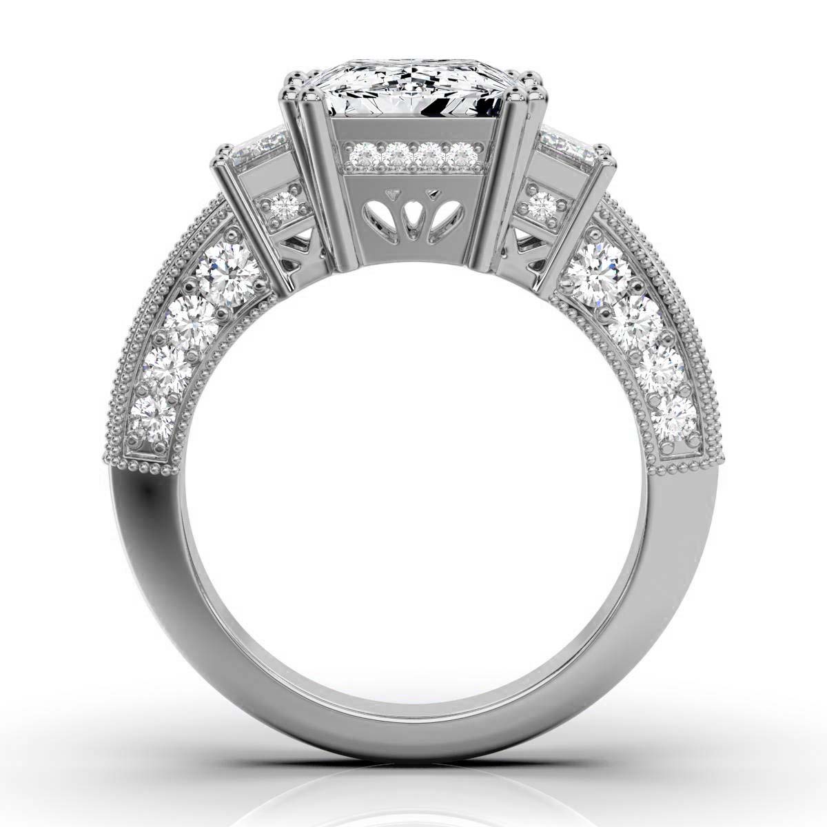 14K White Gold Cressida Milgrain Three Stone Emerald Lab Grown Diamond Ring (1 1/5 ct. tw)