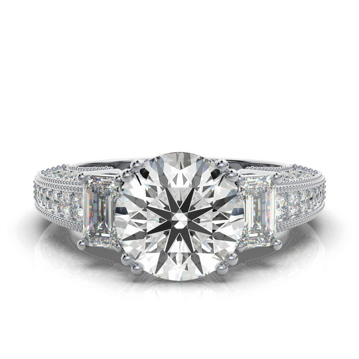 14K White Gold Cressida Milgrain Three Stone Emerald Lab Grown Diamond Ring (1 1/5 ct. tw)