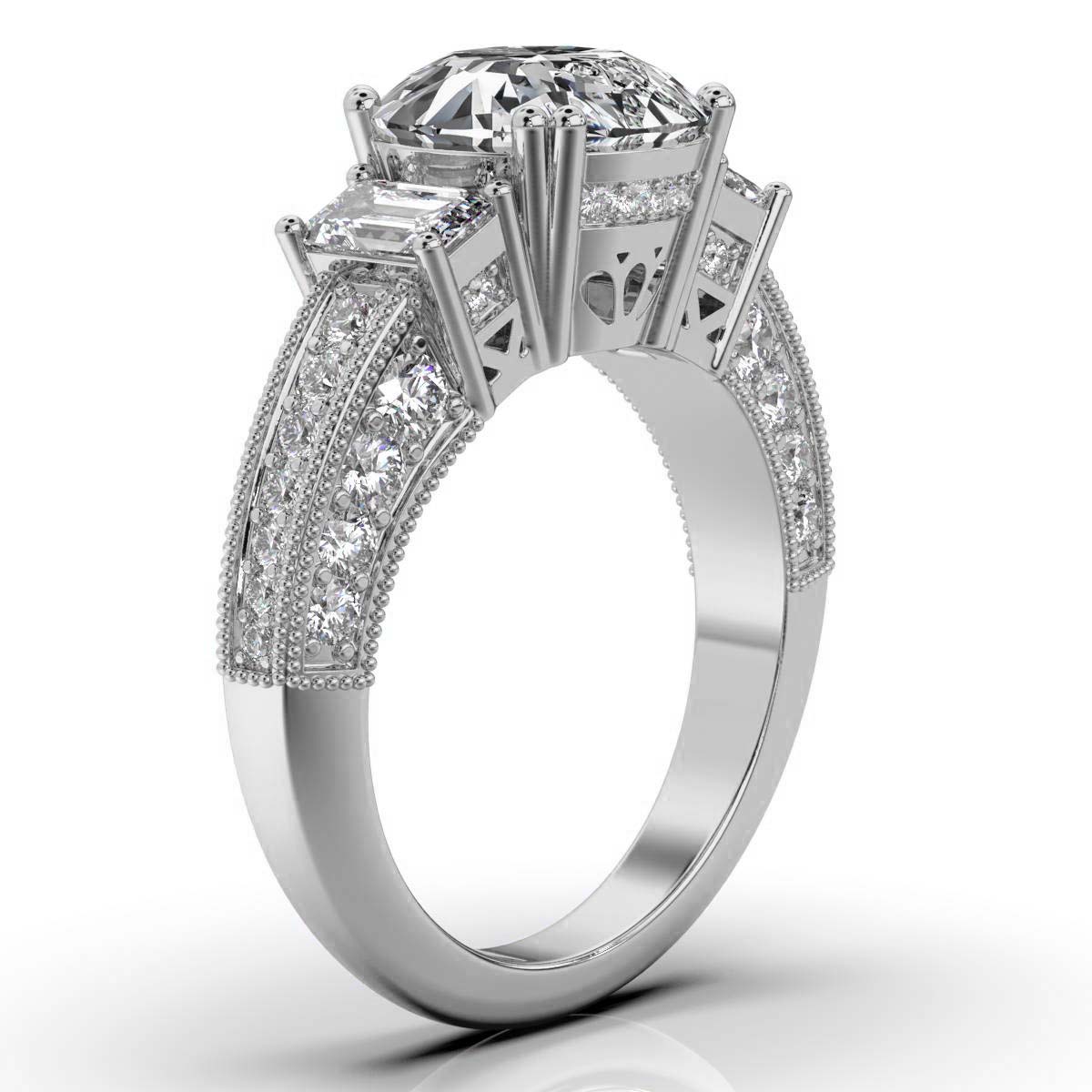 14K White Gold Cressida Milgrain Three Stone Emerald Lab Grown Diamond Ring (1 1/5 ct. tw)