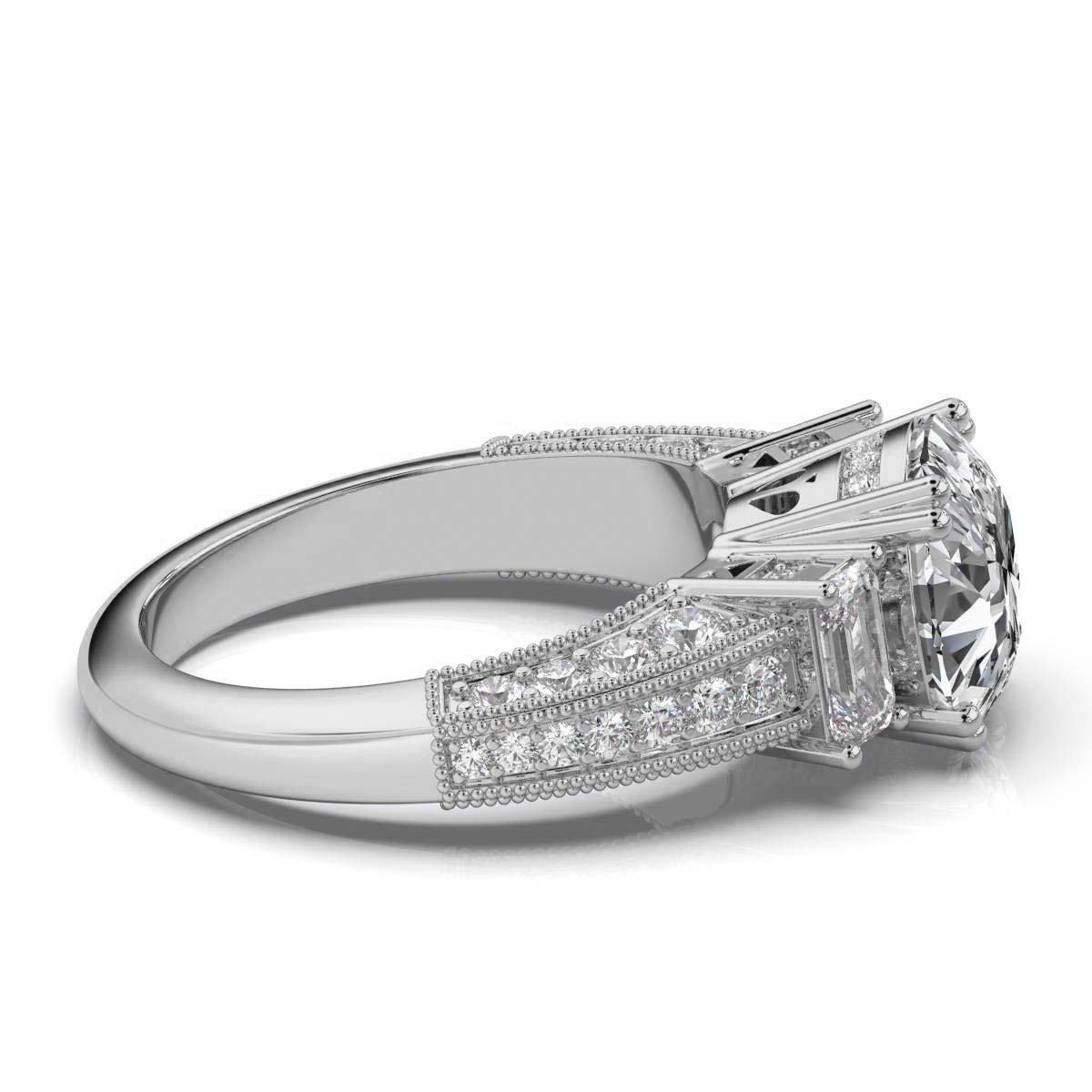 14K White Gold Cressida Milgrain Three Stone Emerald Lab Grown Diamond Ring (1 1/5 ct. tw)