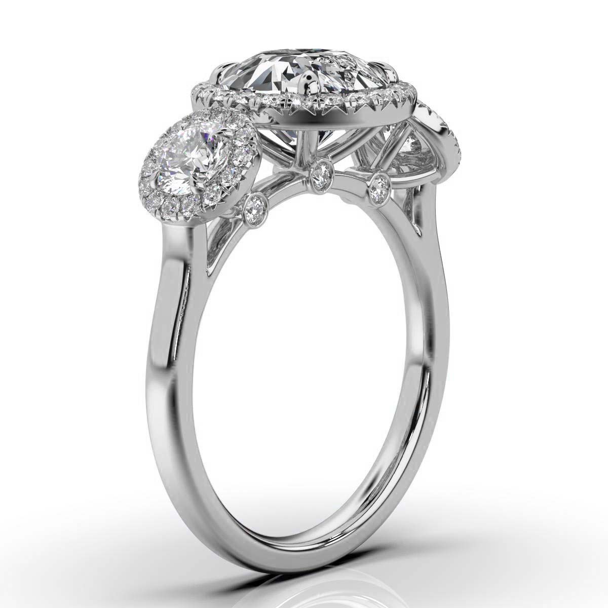 14K White Gold Lasin Three Stone Halo Lab Grown Diamond Ring (1 ct. tw)