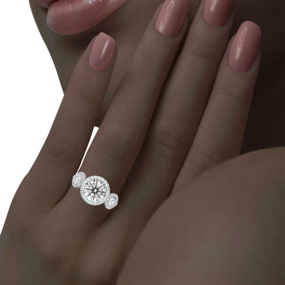 14K White Gold Lasin Three Stone Halo Lab Grown Diamond Ring (1 ct. tw)