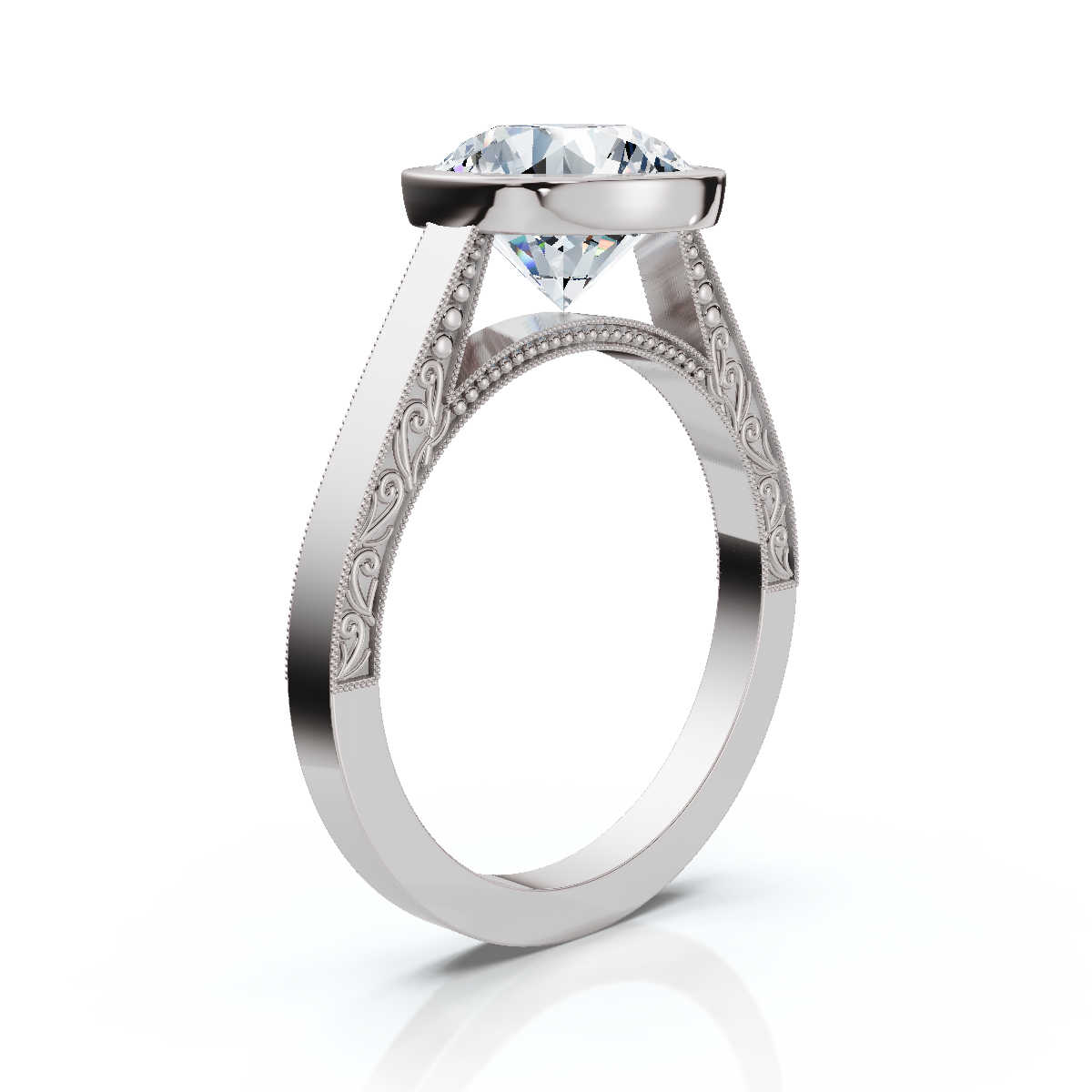 14K White Gold Rosaline Milgrain Detailed Nature Inspired Engagement Ring 